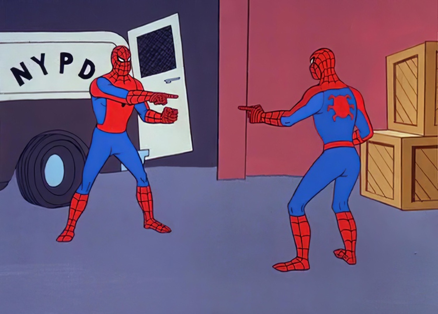 Two animated Spider-Men pointing at each other outside an NYPD van, the classic standoff