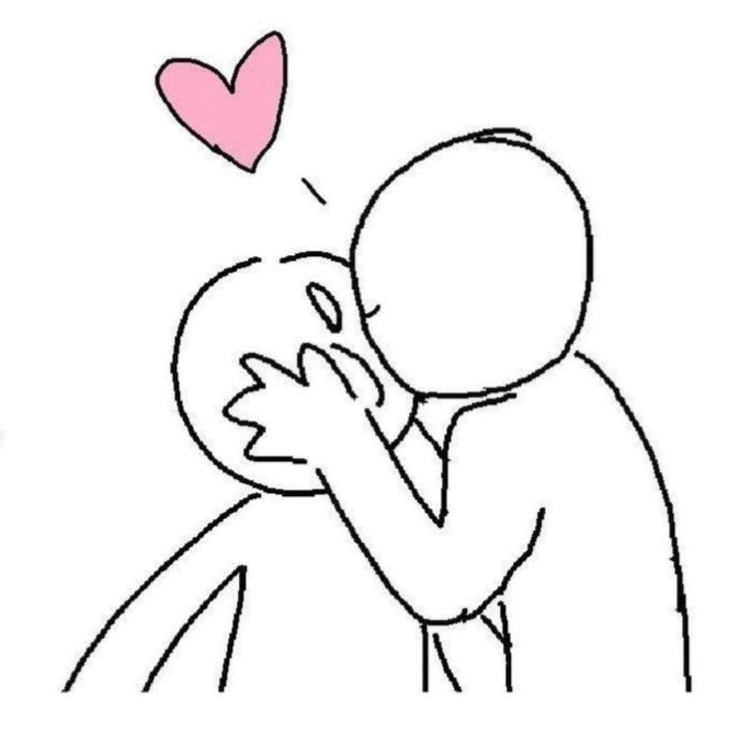 Doodle figure kissing another on the cheek under a pink heart