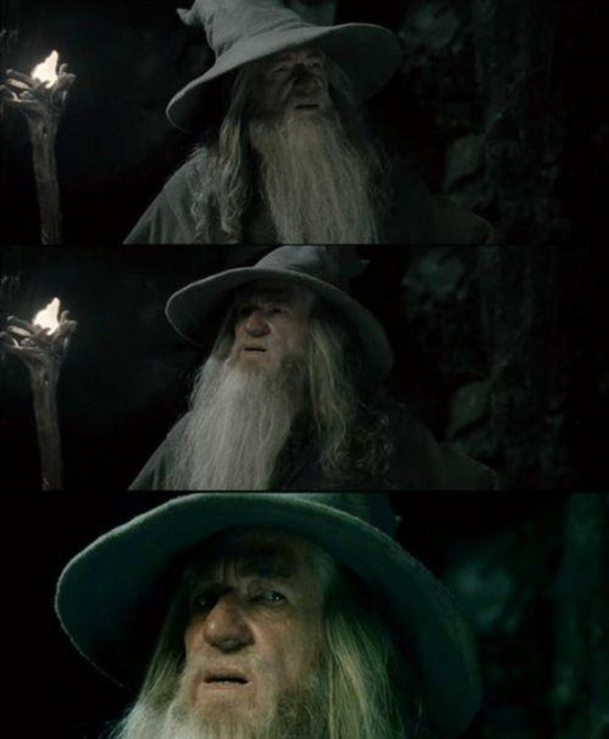 Confused Gandalf squinting like he forgot what he came here for