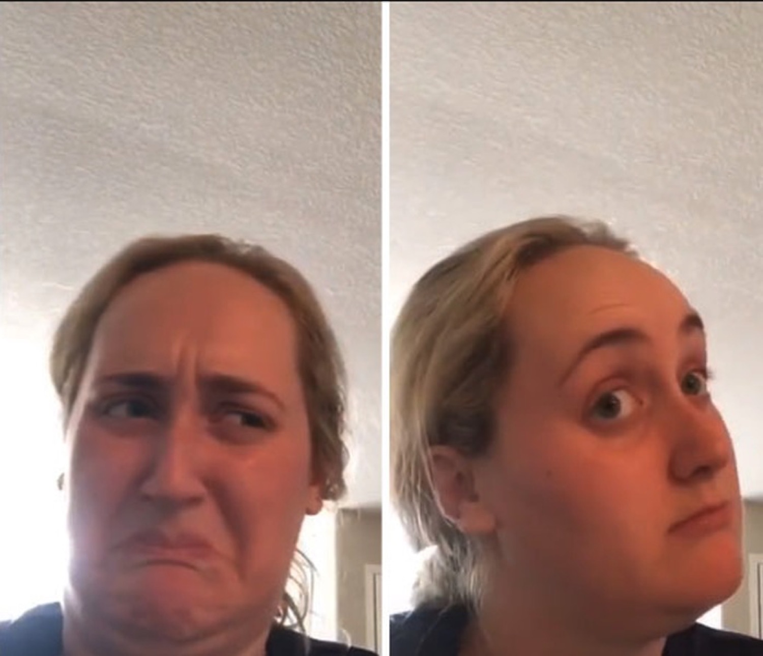 Side-by-side of a woman first grimacing in disgust then looking up with wide eyes, processing something bad