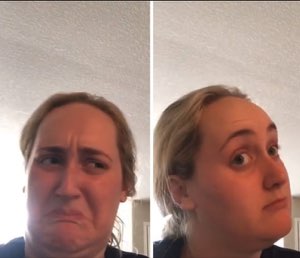 Side-by-side of a woman first grimacing in disgust then looking up with wide eyes, processing something bad