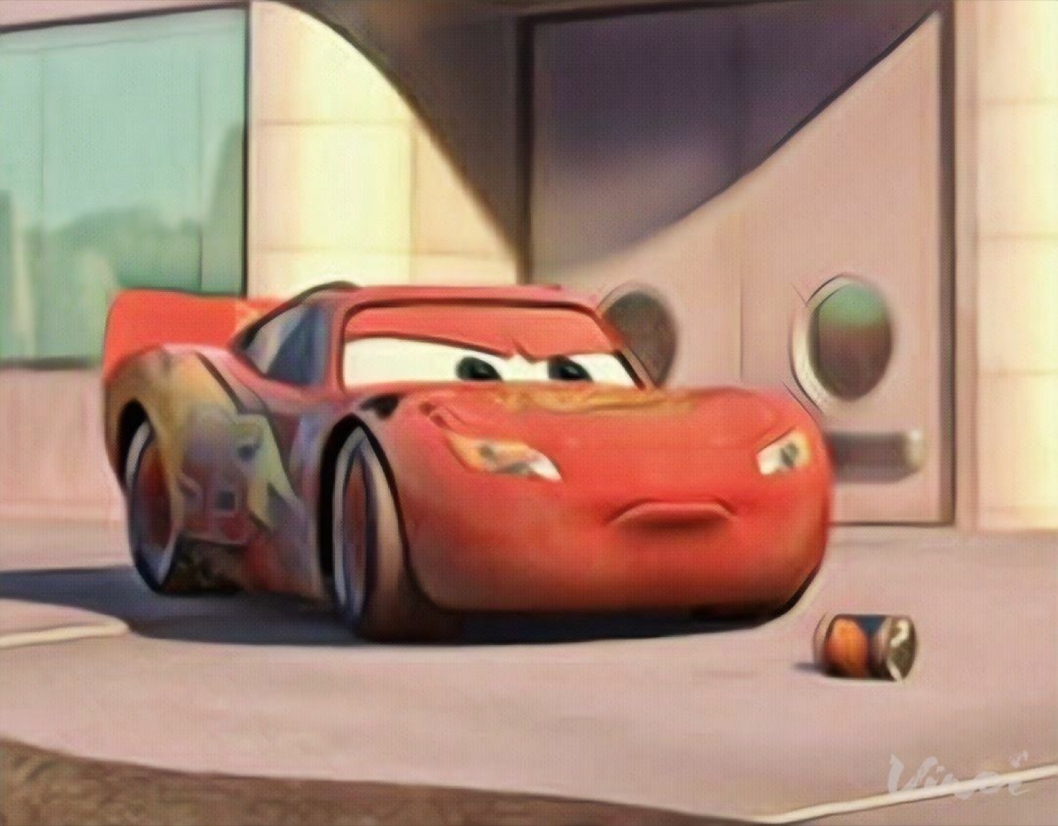 Sad McQueen next to a knocked-over can