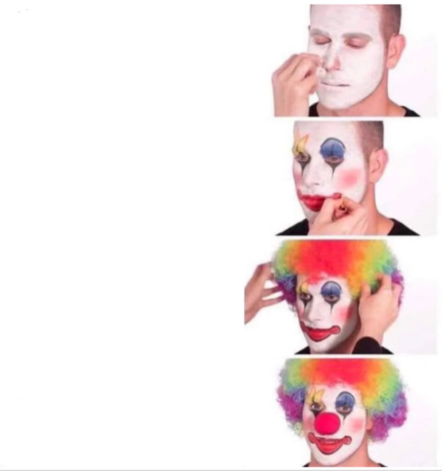 Clown makeup tutorial meme showing a man progressively becoming a full clown