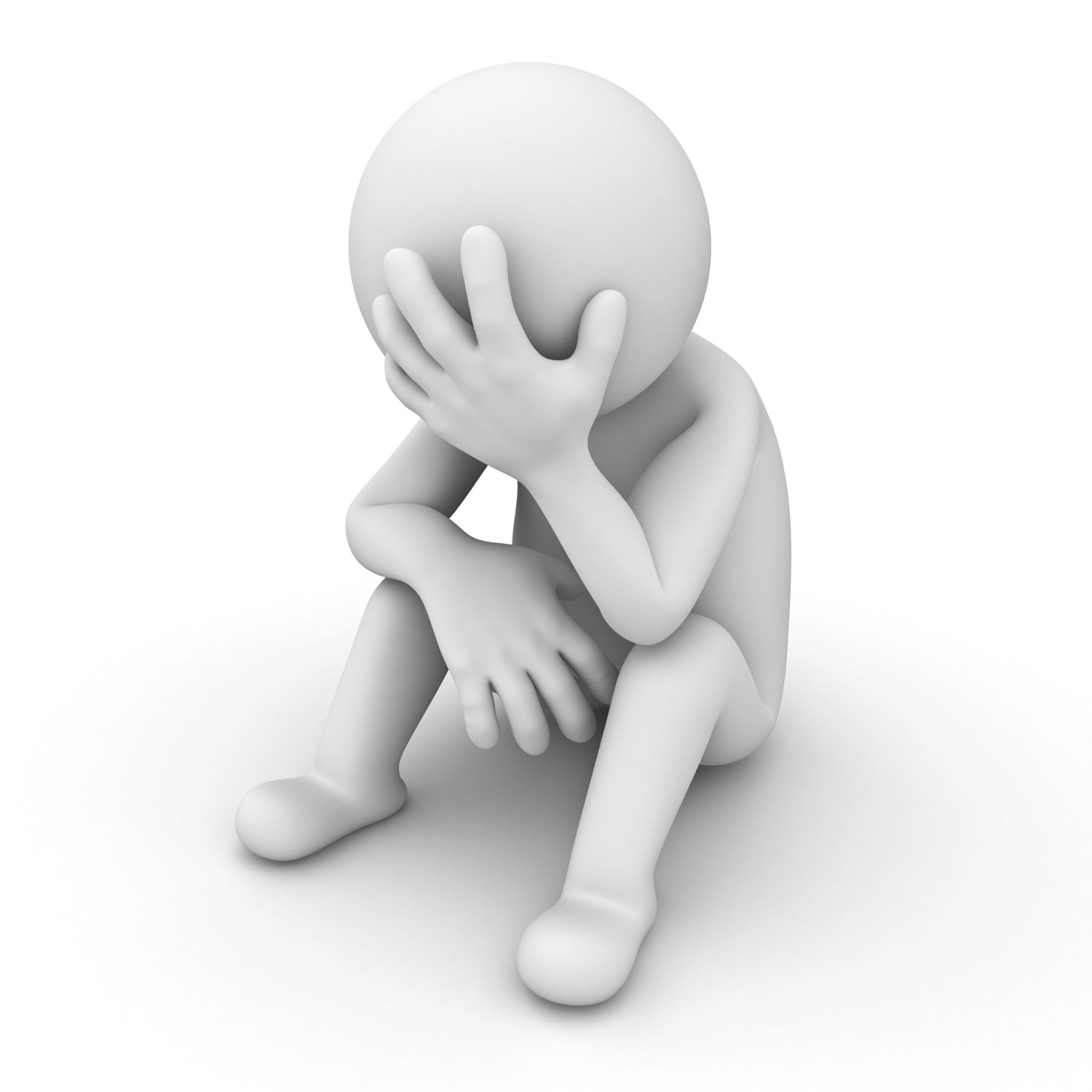 Blank white 3D figure sitting with its head in its hand, defeated