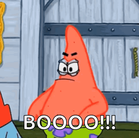 Patrick Star giving a thumbs down and booing