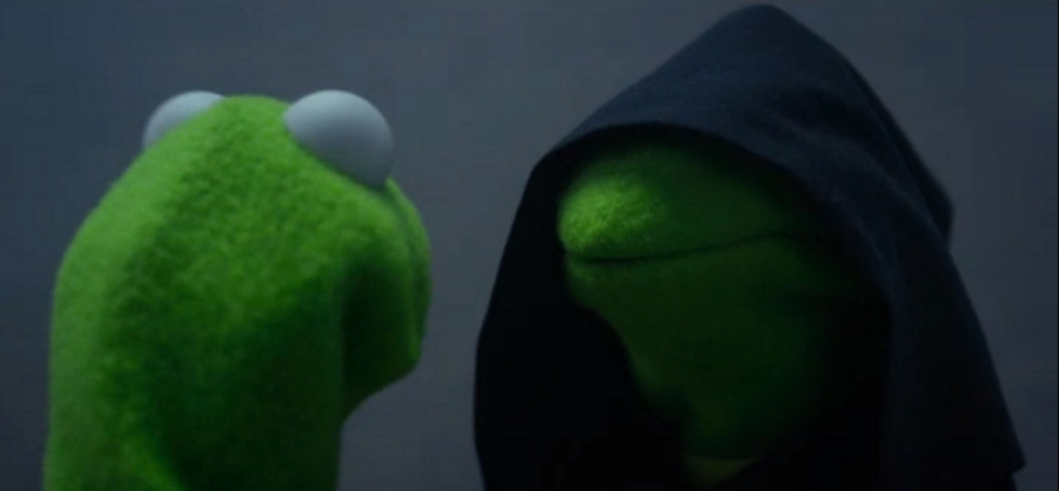 Kermit facing his dark hooded evil twin in a moody standoff