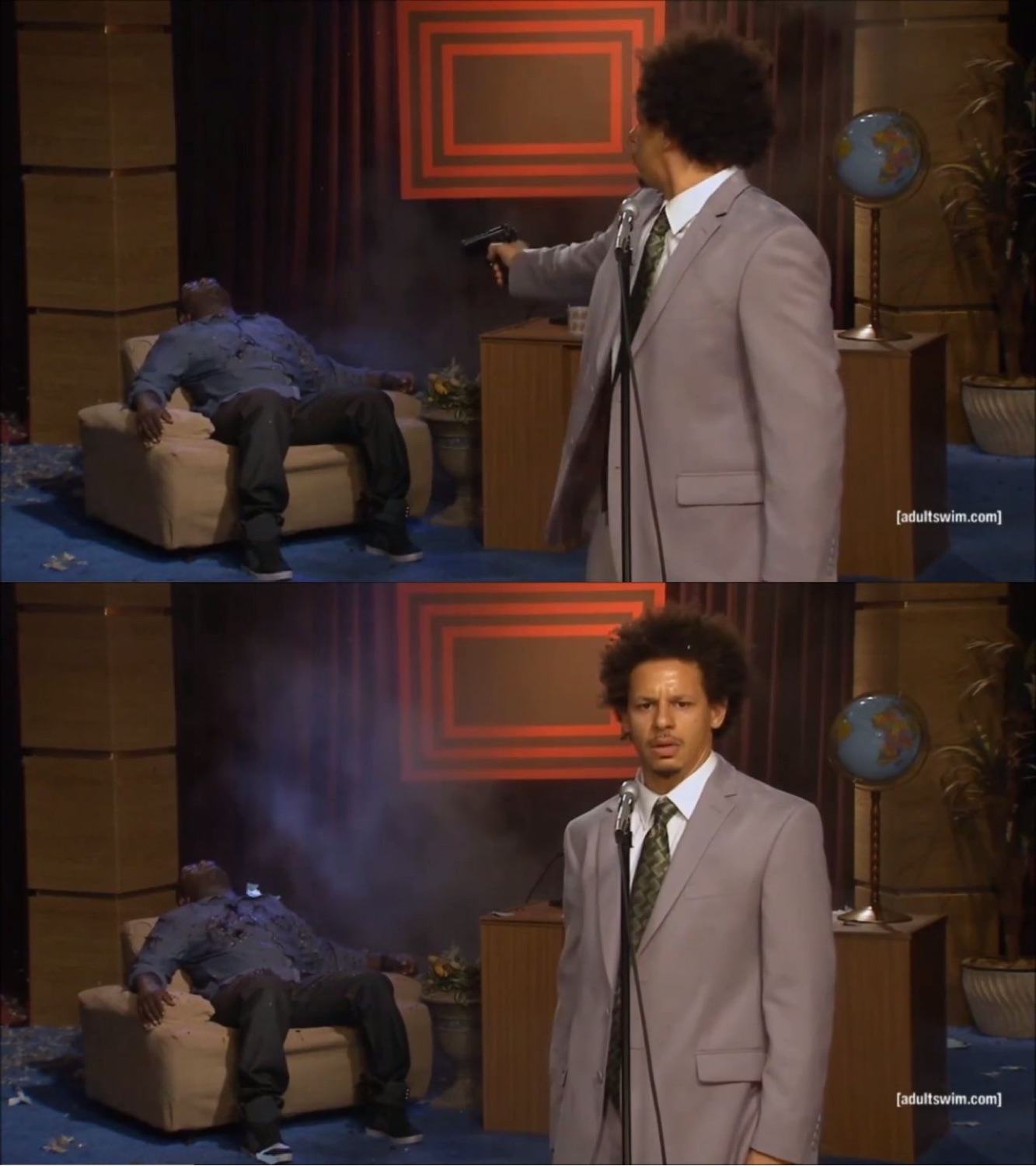 Eric Andre 'let me in' shooting meme, then turning to the camera with a blank stare