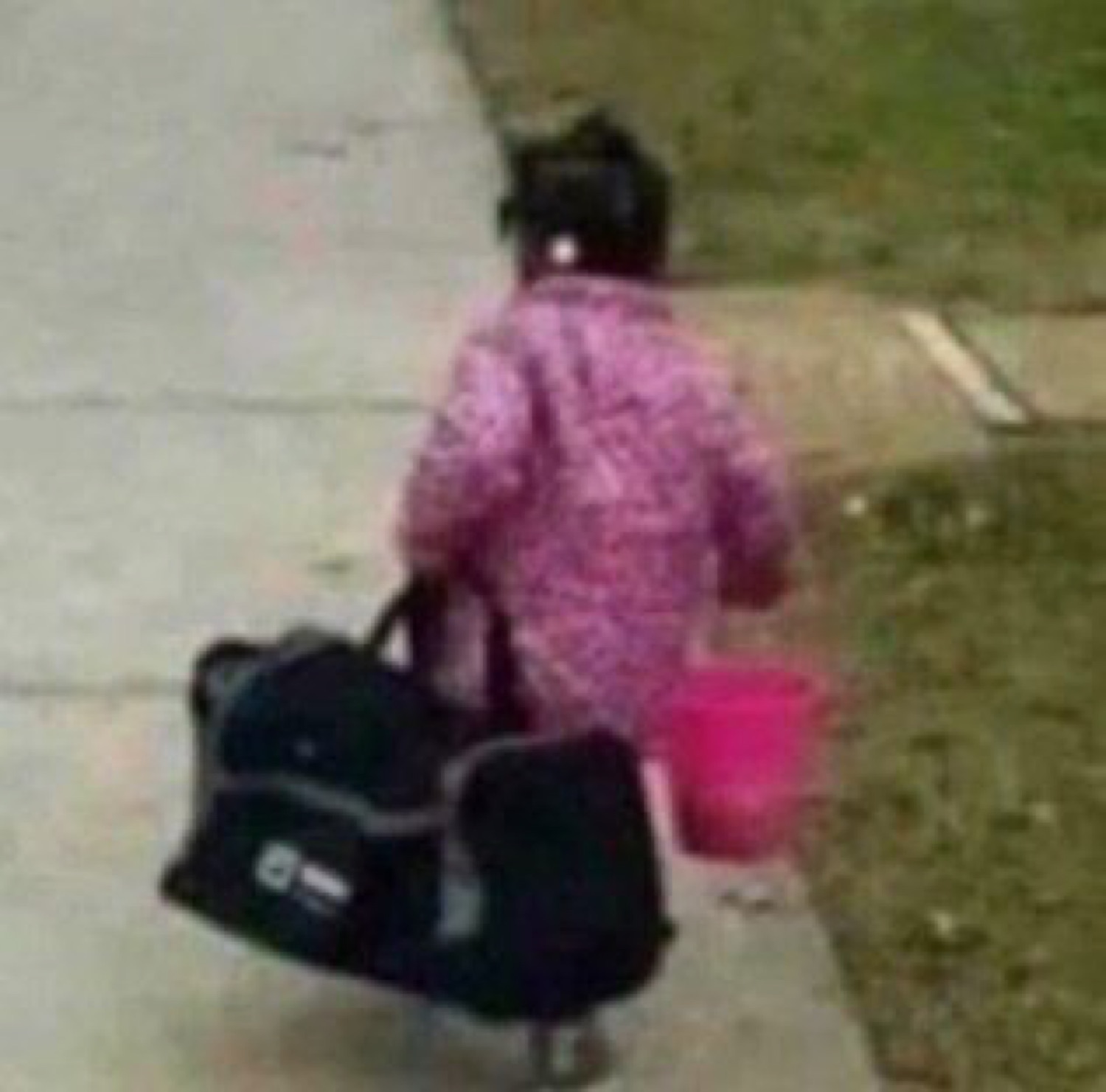 Toddler carrying a big bag down the sidewalk