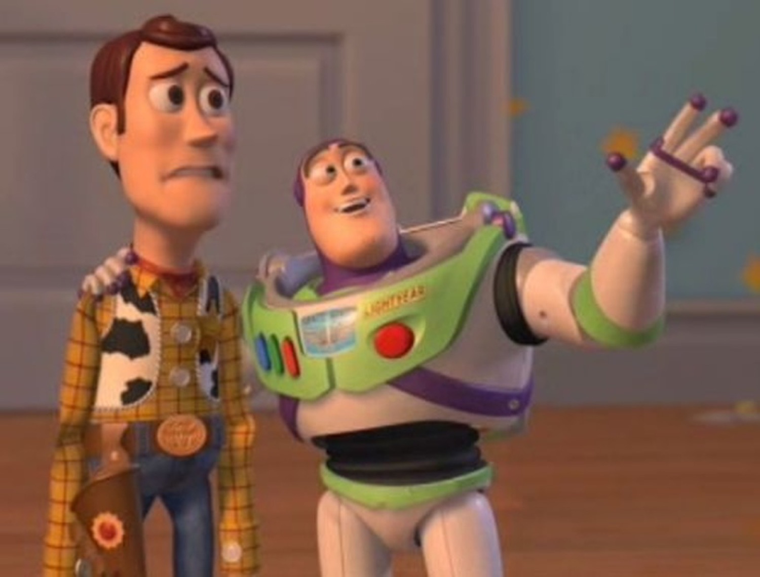 Woody looks worried while Buzz gestures off-screen in the classic Toy Story 'everywhere' pose