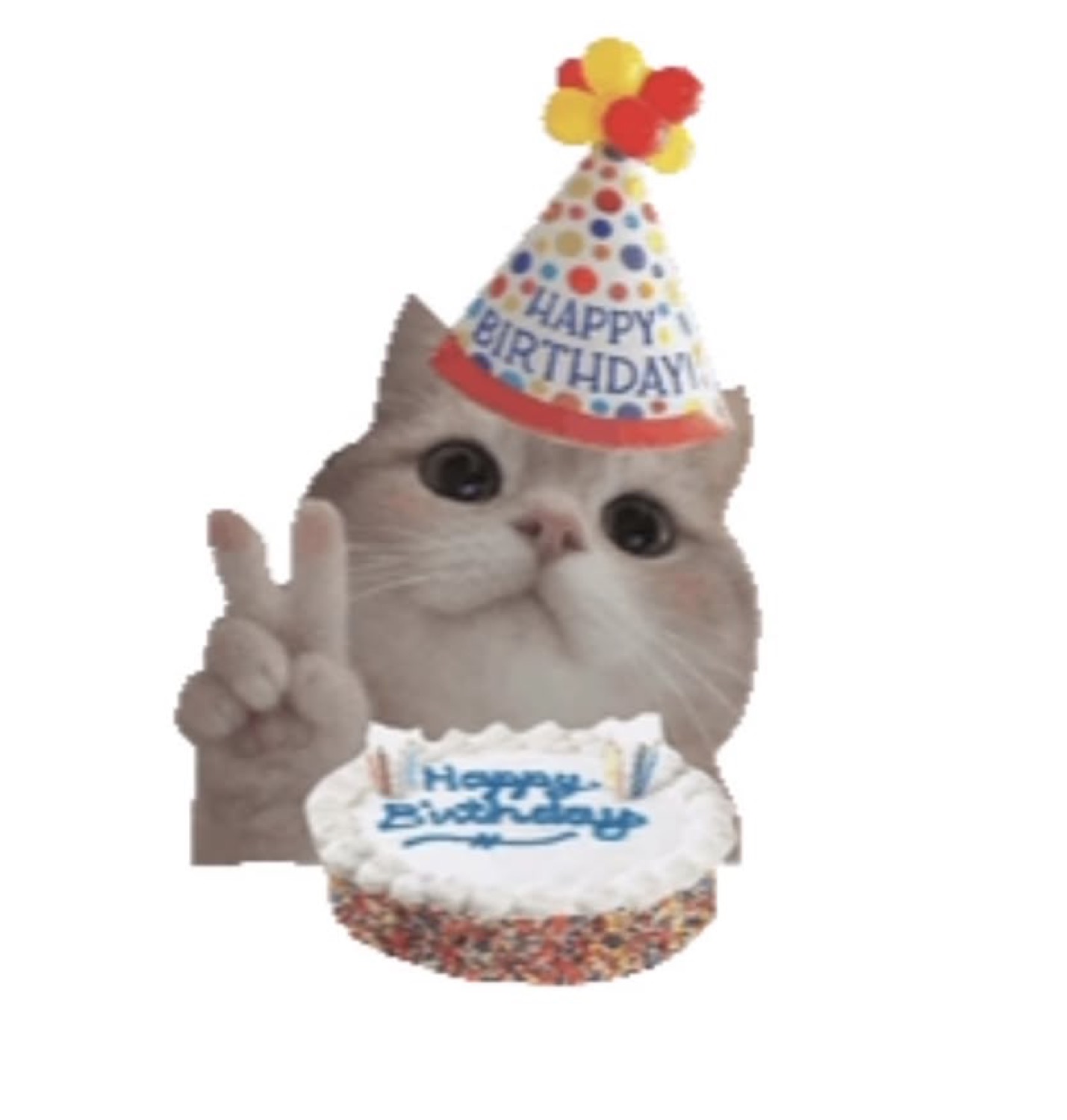 Cat in a party hat flashing a peace sign over a 'Happy Birthday' cake