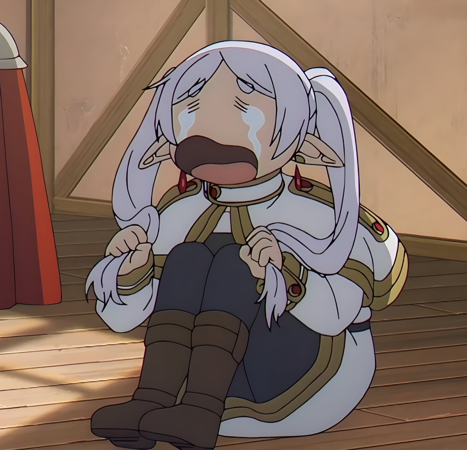 Silver-haired anime elf girl bawling her eyes out on a wooden floor