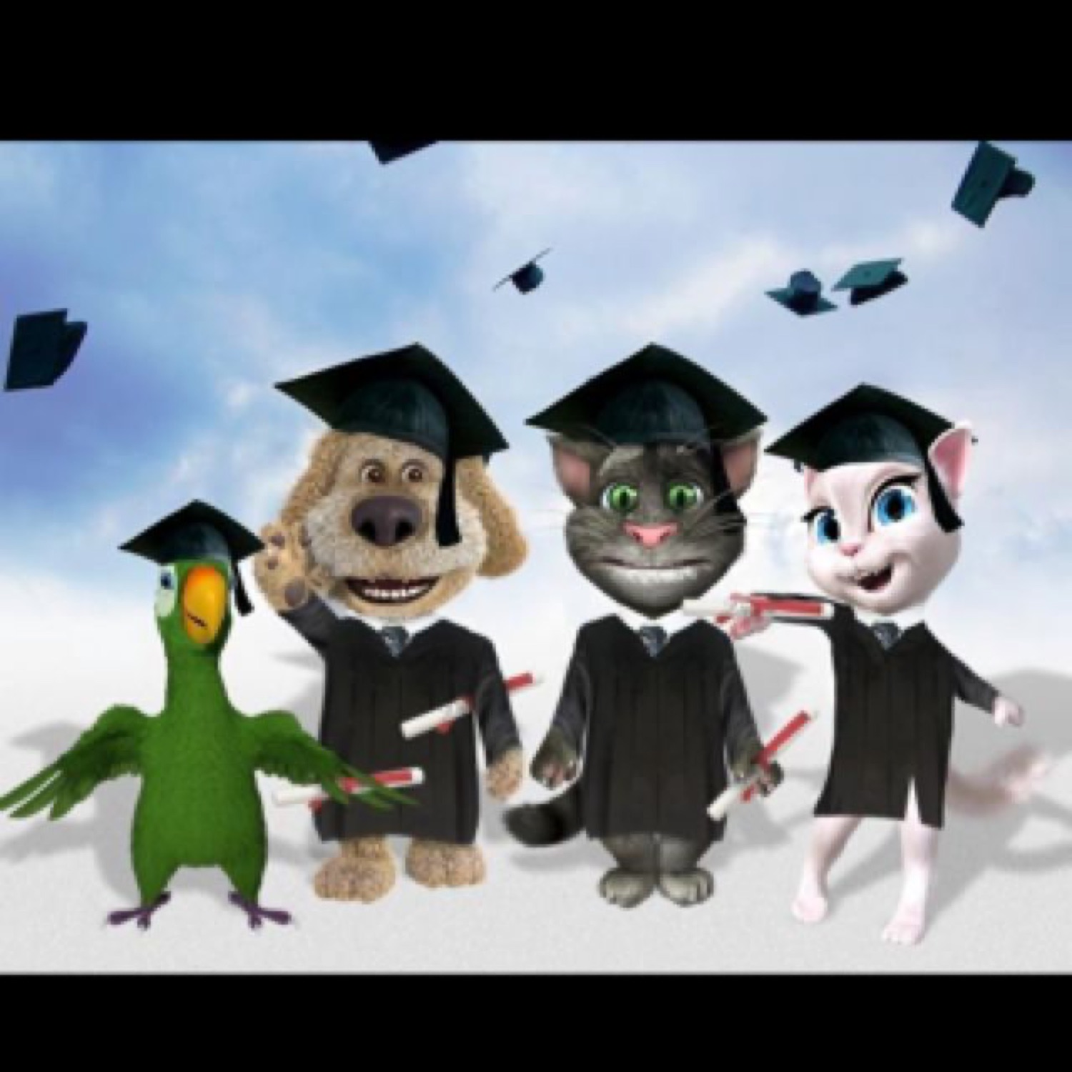 Talking Tom, Ben and Angela in graduation caps tossing their hats