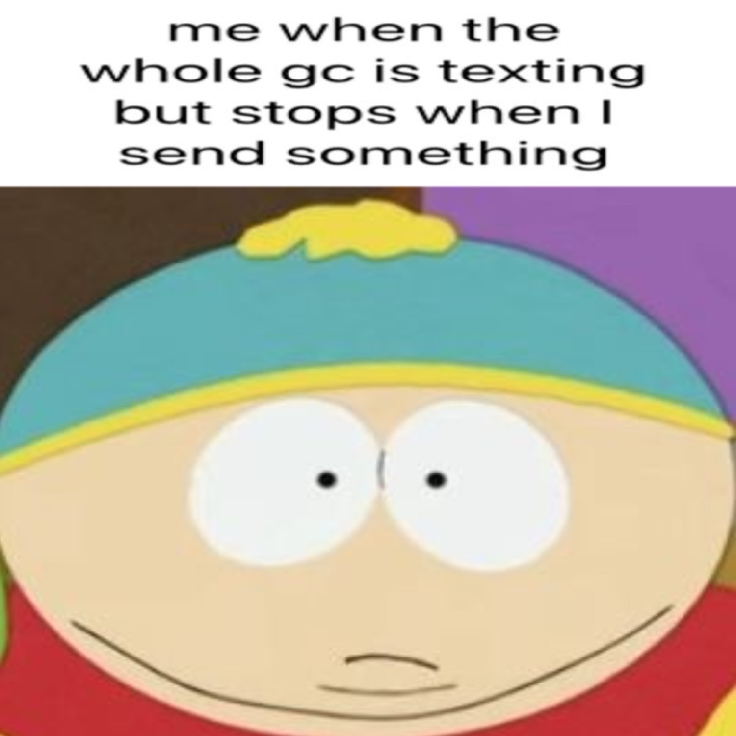 Cartman from South Park staring blankly up close under 'me when the whole gc is texting but stops when I send something'