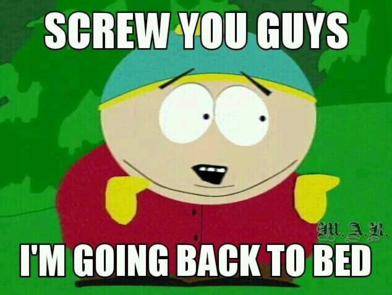 Cartman from South Park looking blank under 'SCREW YOU GUYS I'M GOING BACK TO BED'