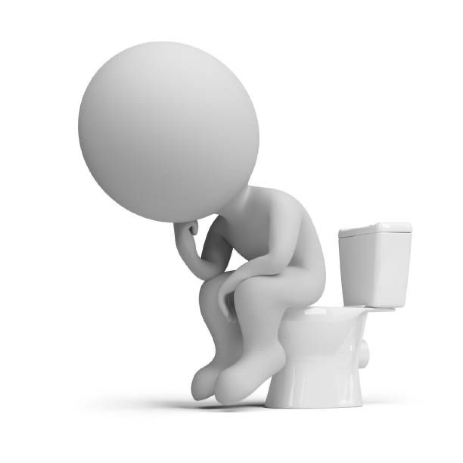White 3D figure sitting on a toilet with its head in its hand