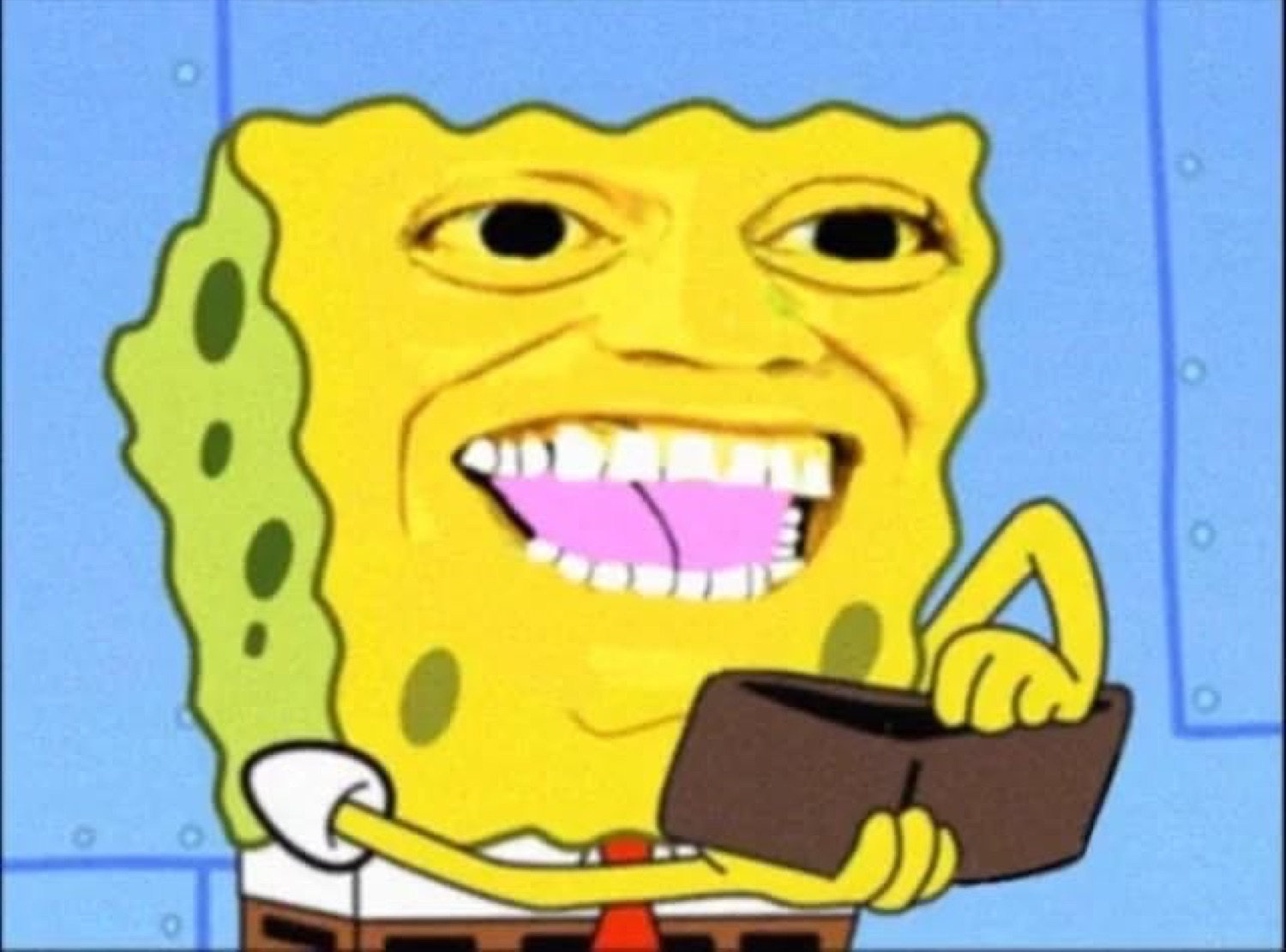 SpongeBob with a realistic human grin holding an empty wallet