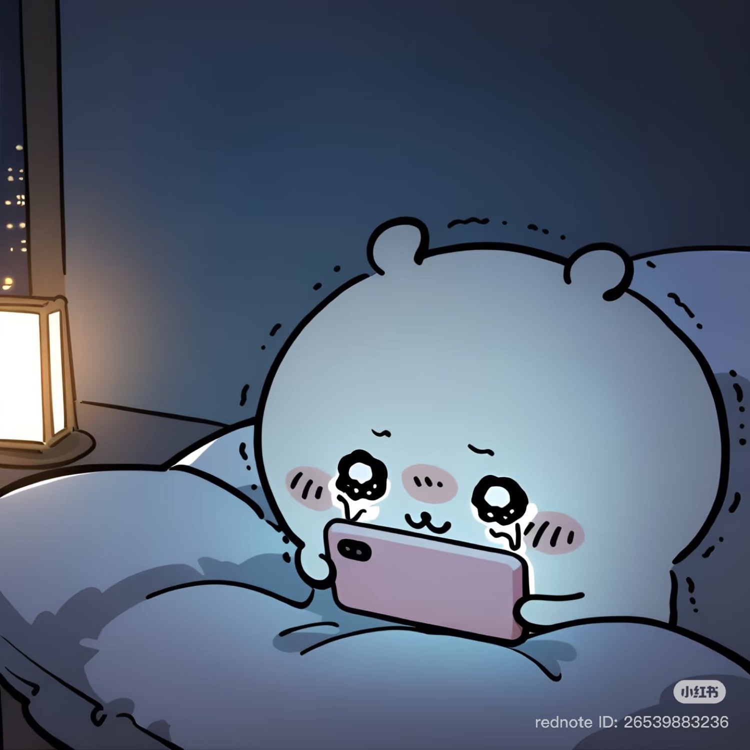 Cute bear doodle teary-eyed on its phone in bed at night