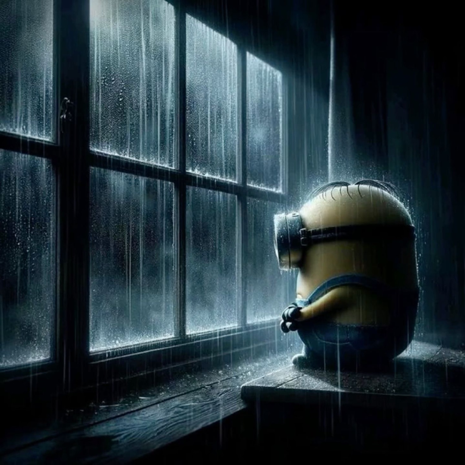 A lone Minion sitting curled up by a rainy window in dramatic sad lighting