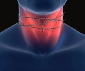3D render of a human throat wrapped in barbed wire, glowing red from inside