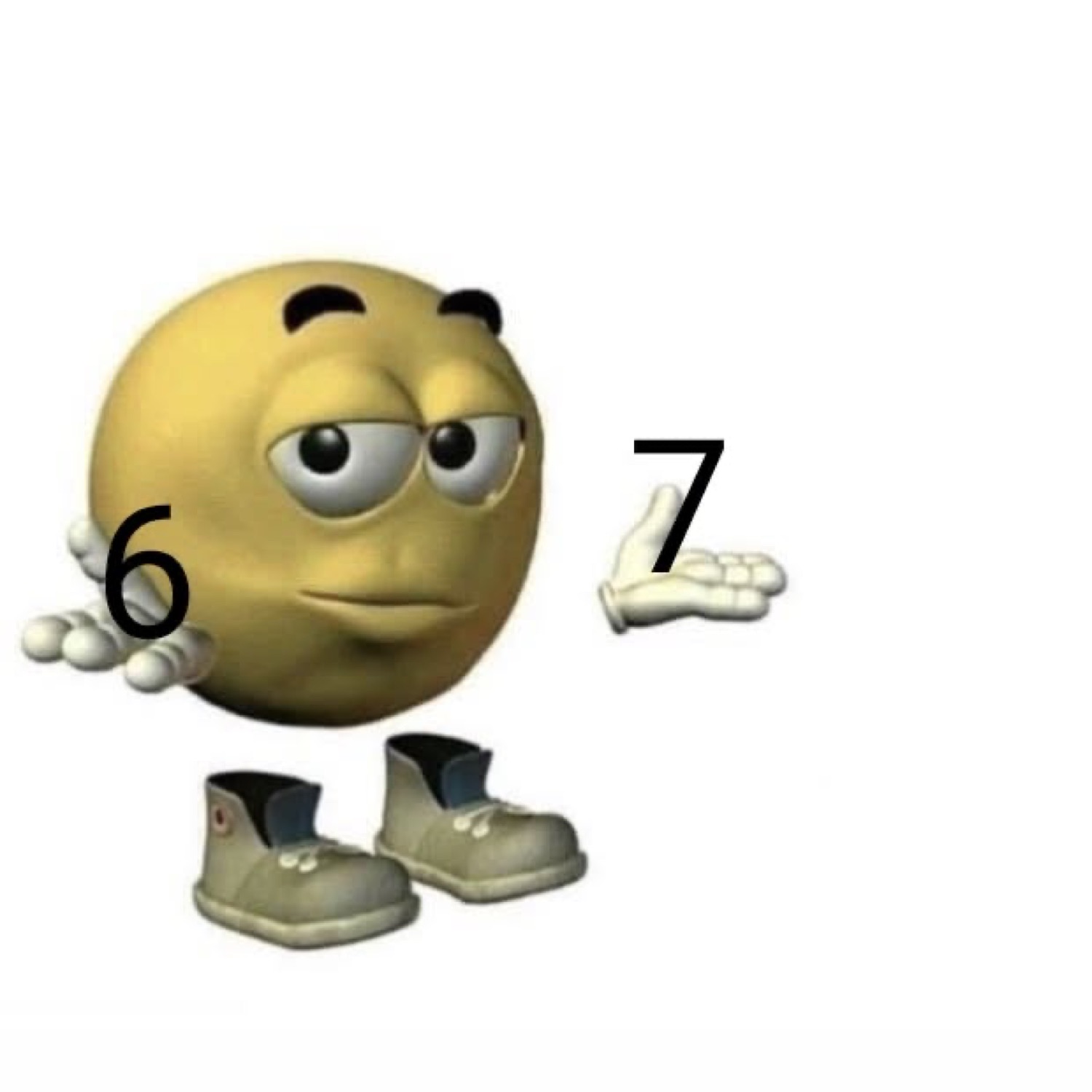 3D smiley in boots with heavy-lidded eyes, hands out between '6' and '7'