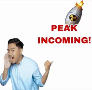 Man cupping his mouth to yell 'PEAK INCOMING!' beside a cartoon bomb