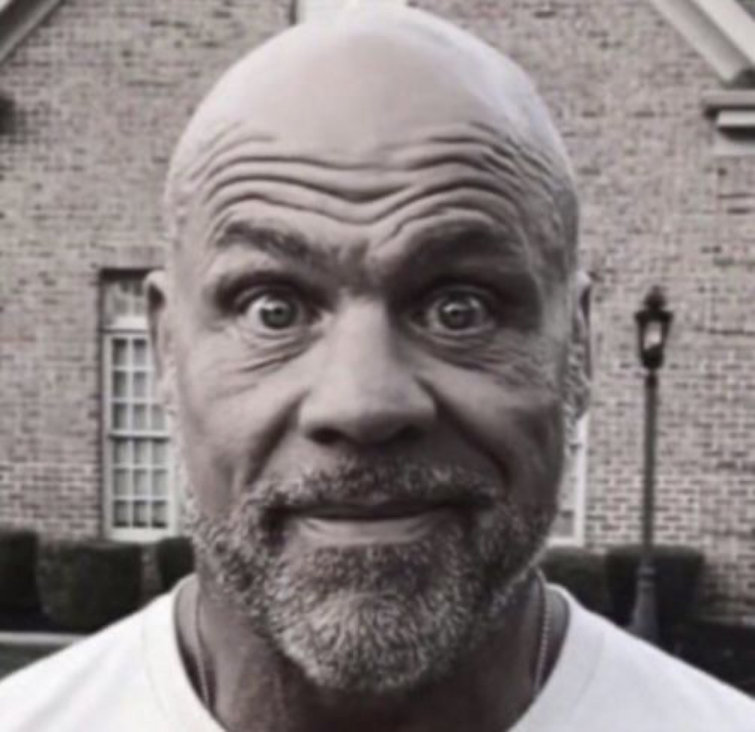 Bald bearded man with eyebrows sky-high and a tight, worried grimace