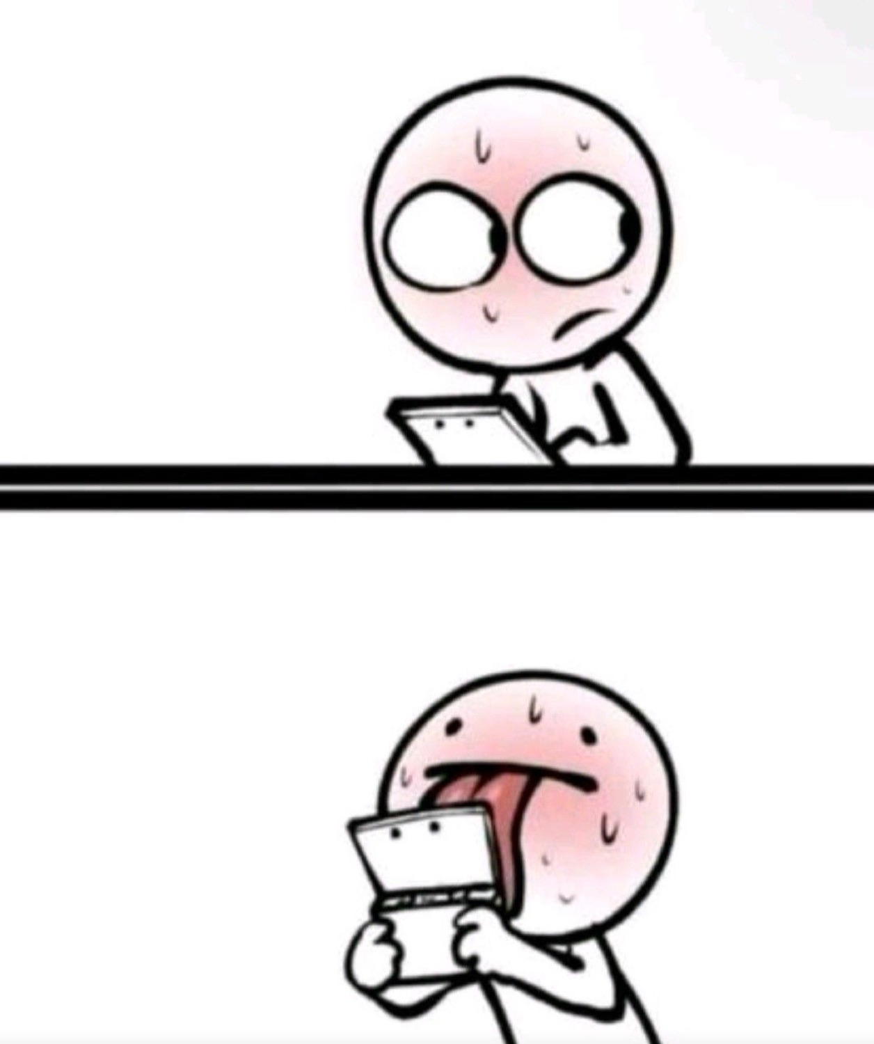 Stick-figure person sweating nervously over a book, then biting it in panic