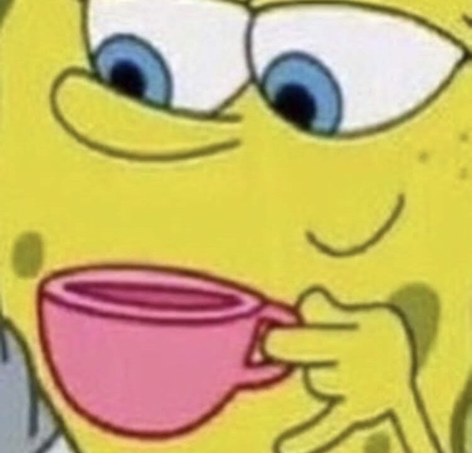 SpongeBob sipping tea with a sly look