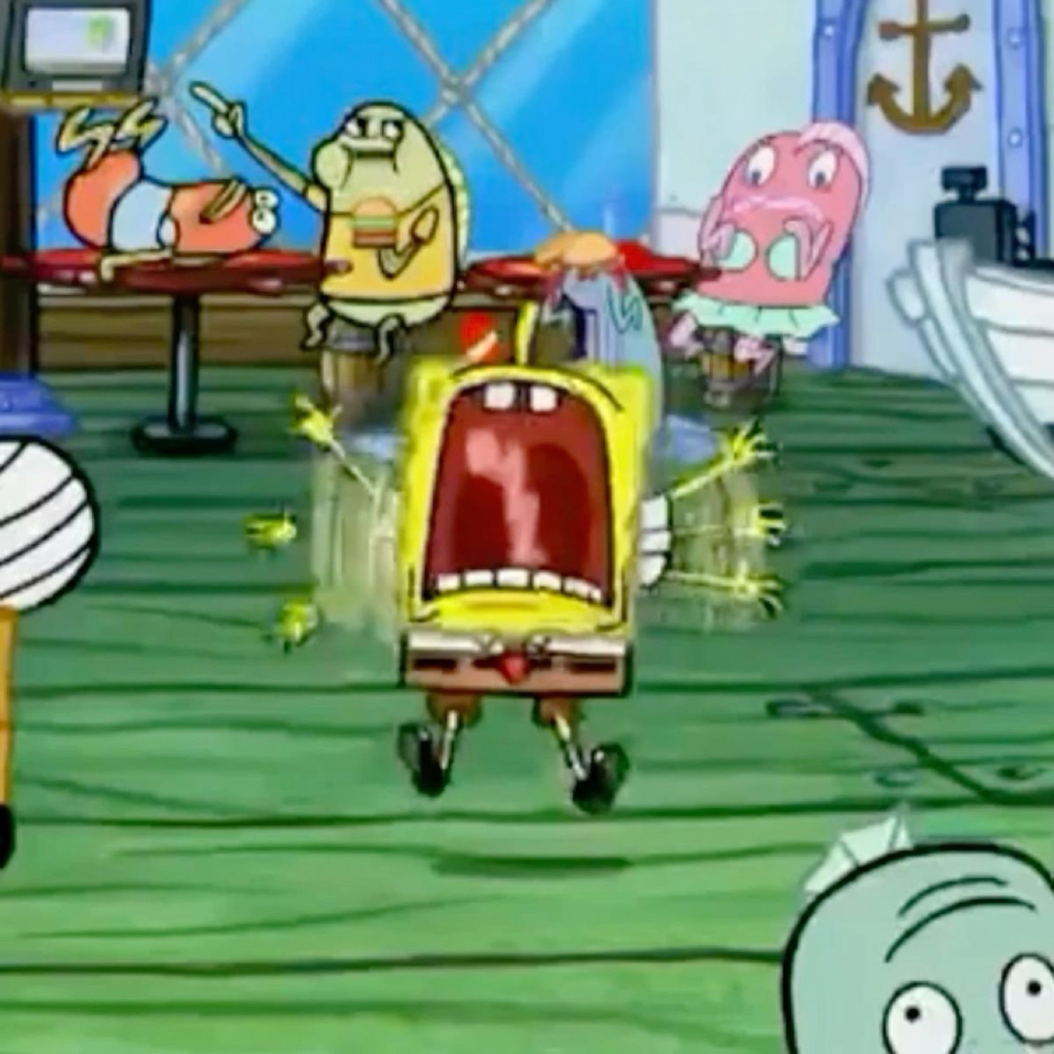 SpongeBob screaming at the top of his lungs in the middle of the Krusty Krab