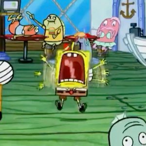 SpongeBob screaming at the top of his lungs in the middle of the Krusty Krab