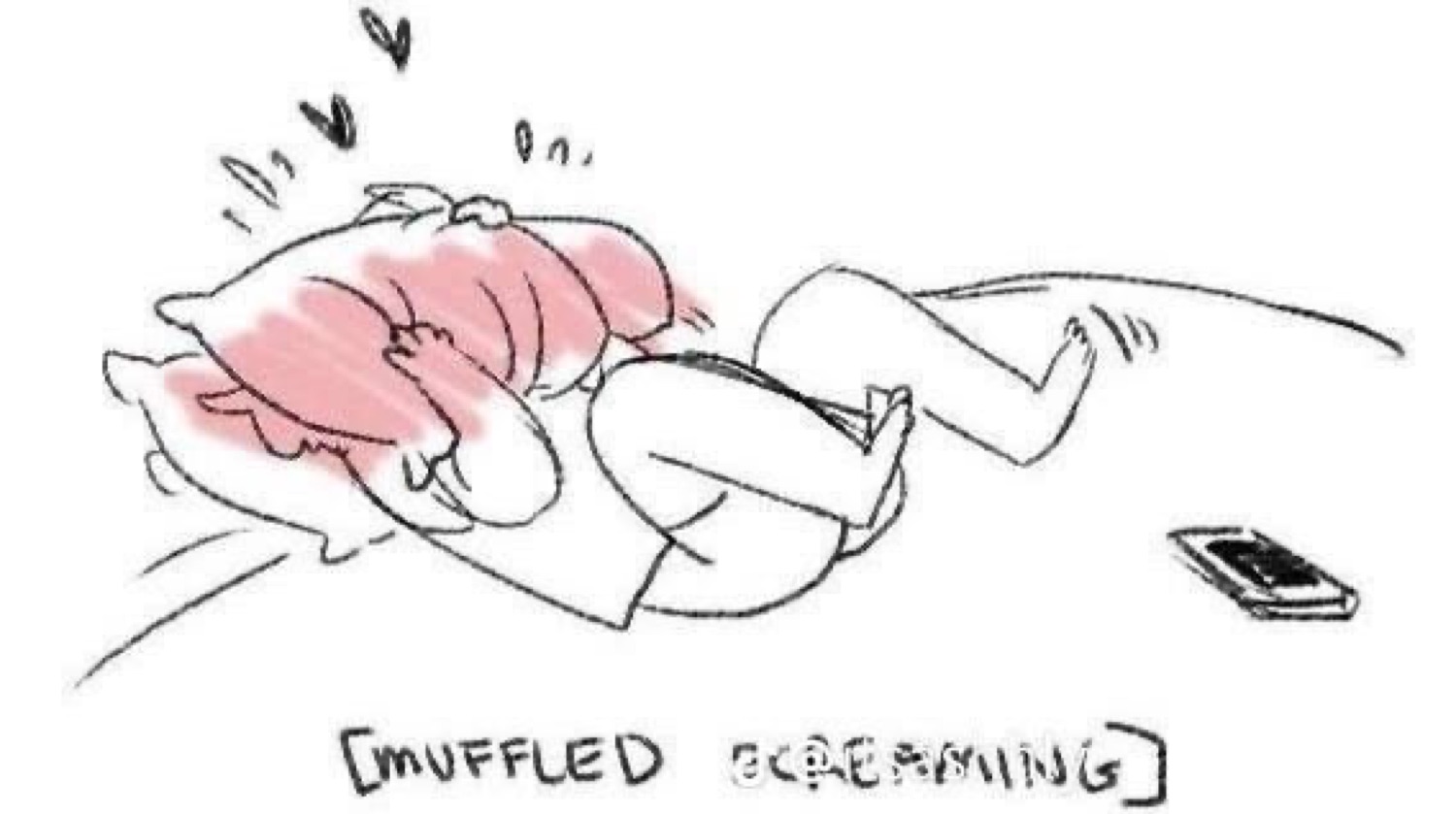 Cartoon sketch of a person screaming into a pillow in bed, captioned '[MUFFLED SCREAMING]'