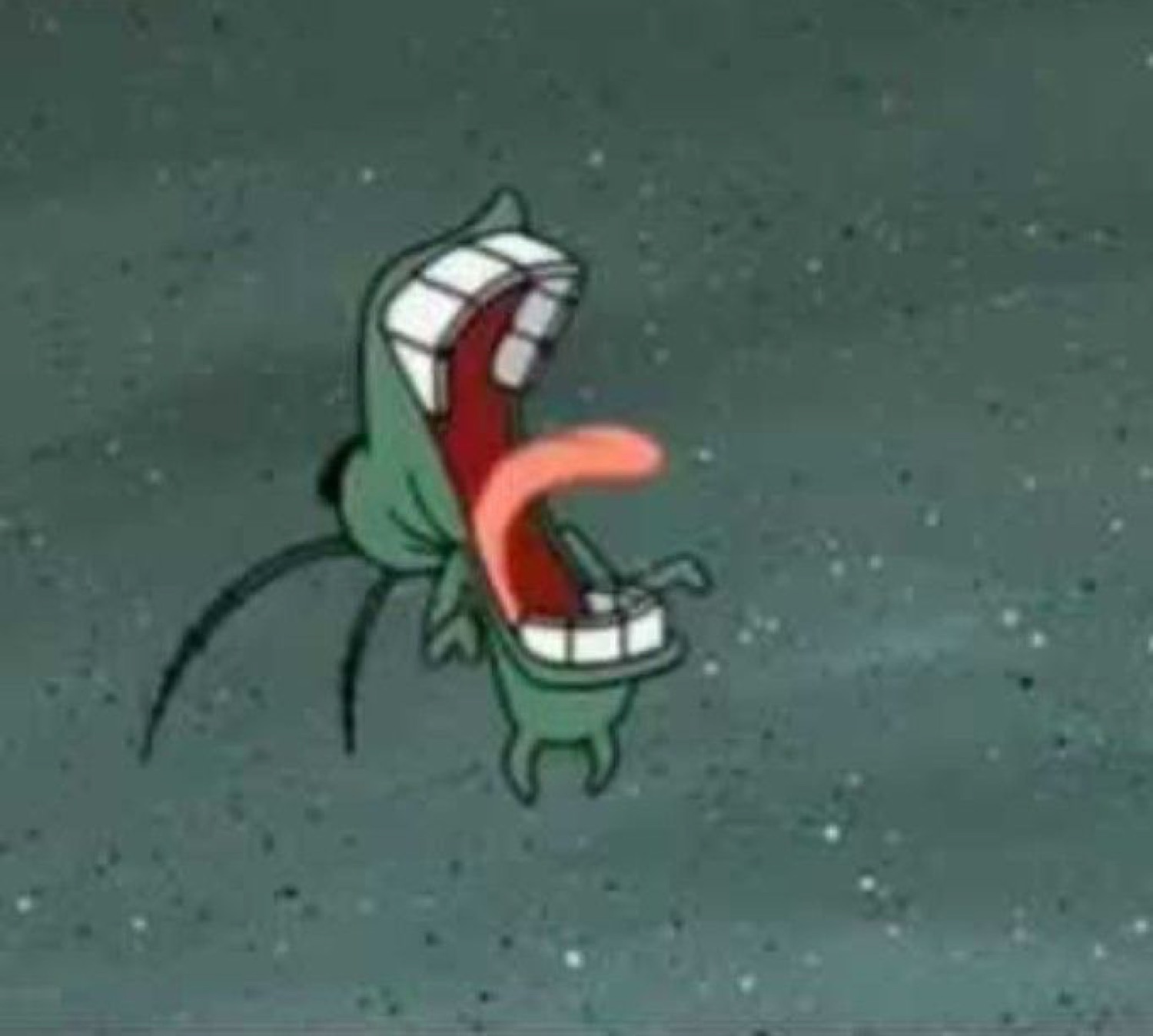 Plankton mid-scream with his mouth stretched impossibly wide and tongue out