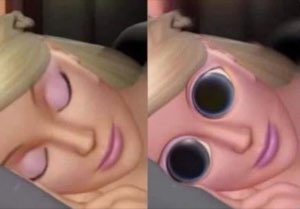 Sleeping cartoon character shown calm then jolting awake with huge bulging eyes