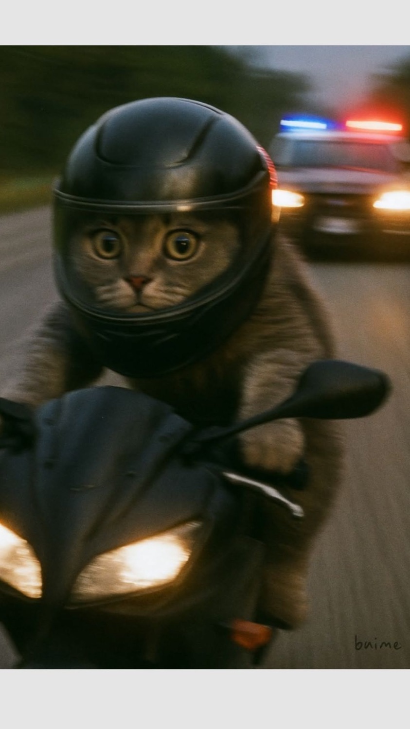 Cat in a motorcycle helmet riding at night with police lights behind