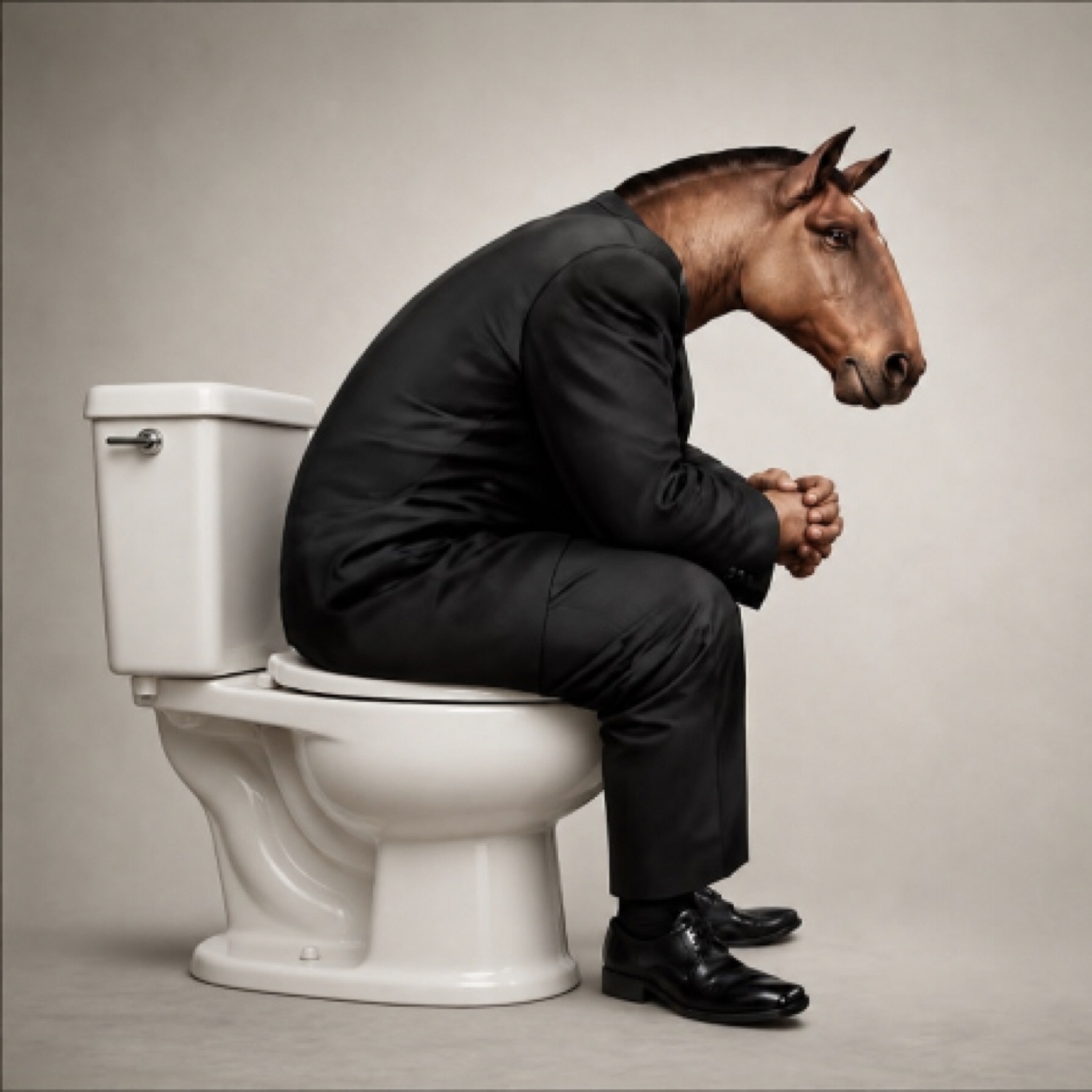 Horse-headed man in a suit sitting on a toilet, deep in thought