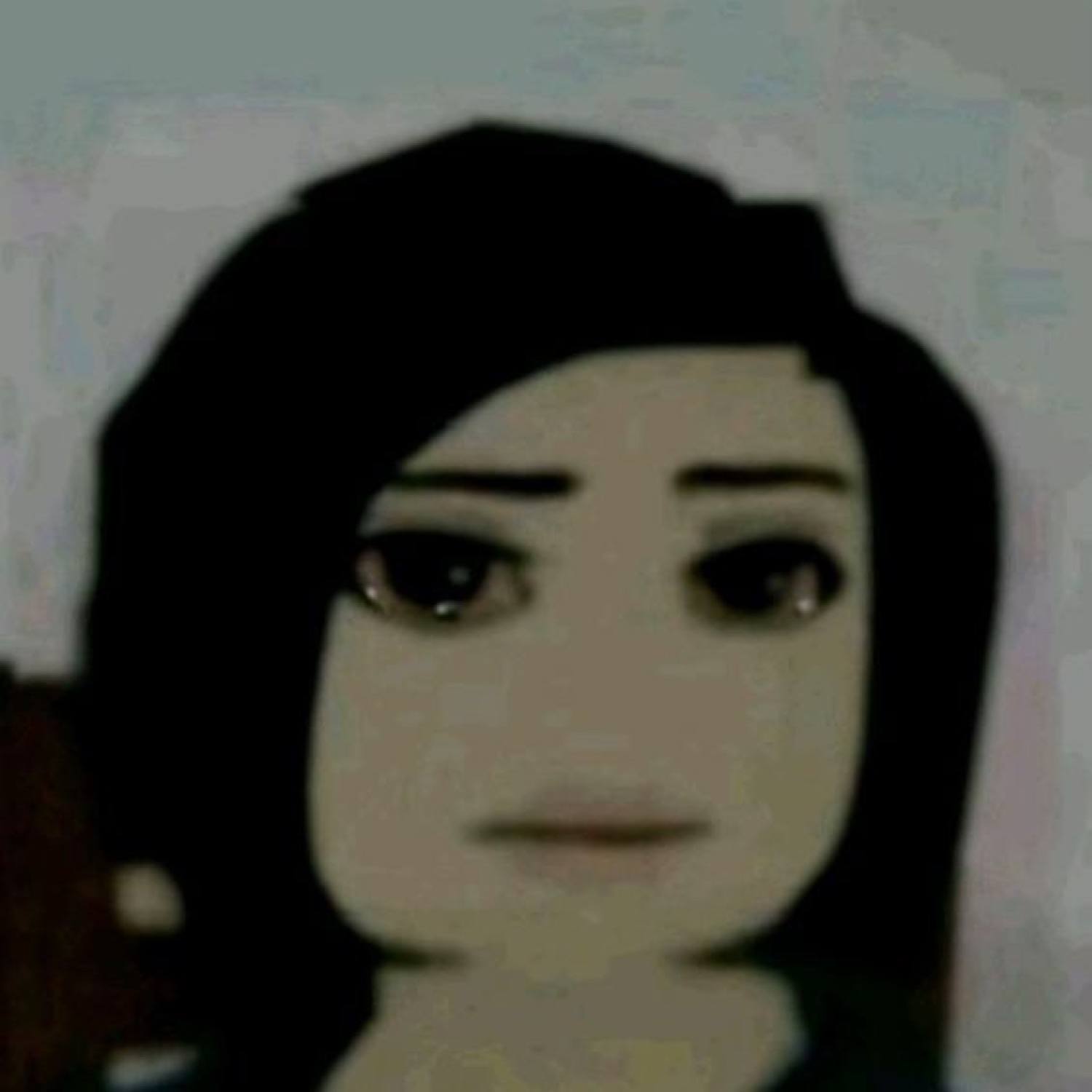 Low-res avatar-style character with a flat, empty deadpan stare