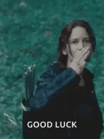 Katniss from The Hunger Games raising the three finger salute, "Good luck"