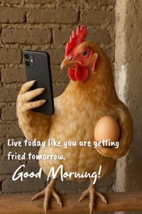 Chicken taking a selfie: 'Live today like you are getting fried tomorrow. Good Morning!'