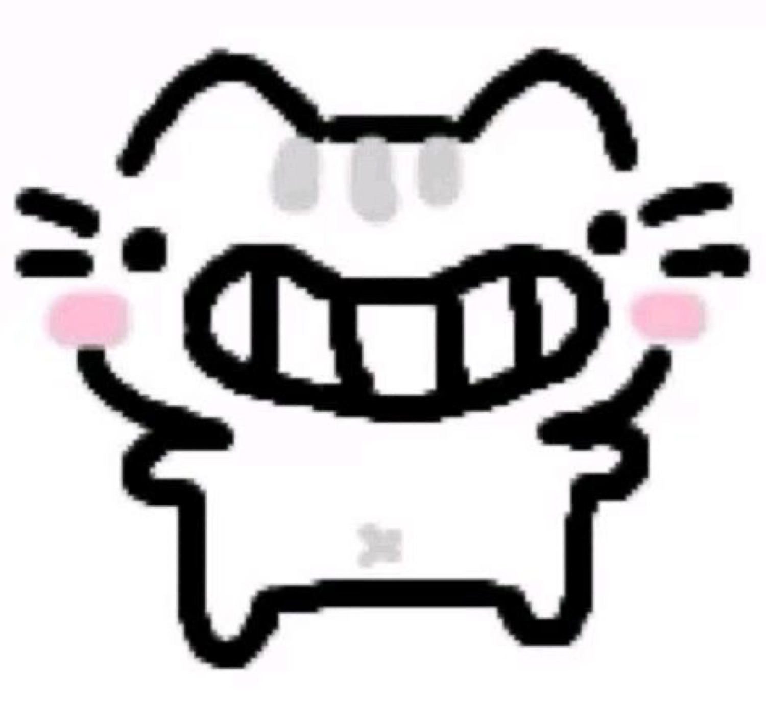 Minimal cartoon cat with a giant open grin, rosy cheeks, and arms raised in pure glee