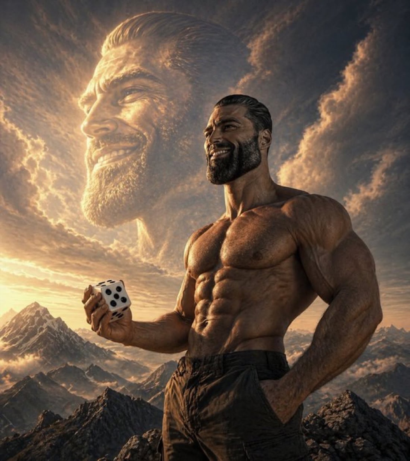 Gigachad on a mountain holding dice, a giant chad face grinning in the clouds