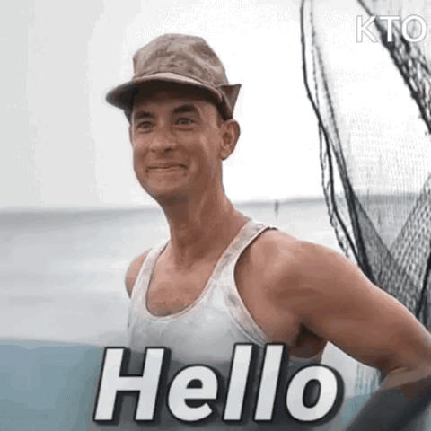 Man in a cap and tank top on a boat waving, "Hello"