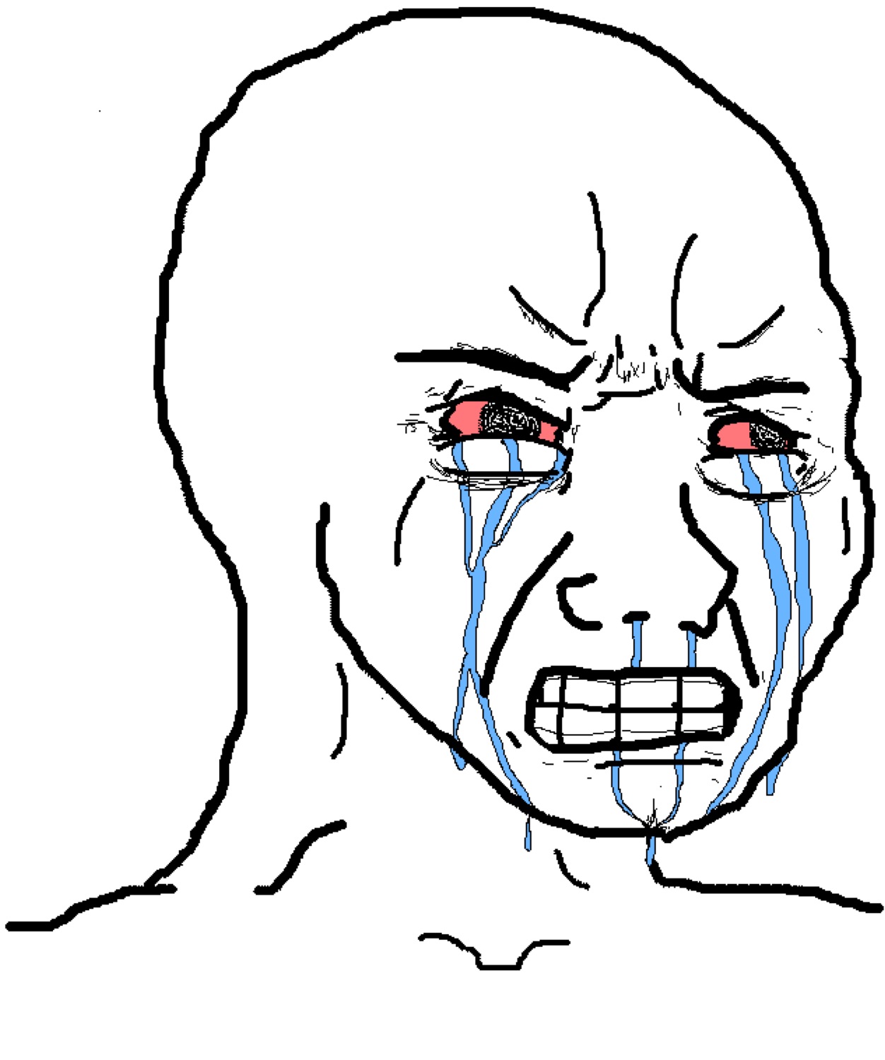 Wojak face sobbing with red eyes, tears streaming and teeth gritted