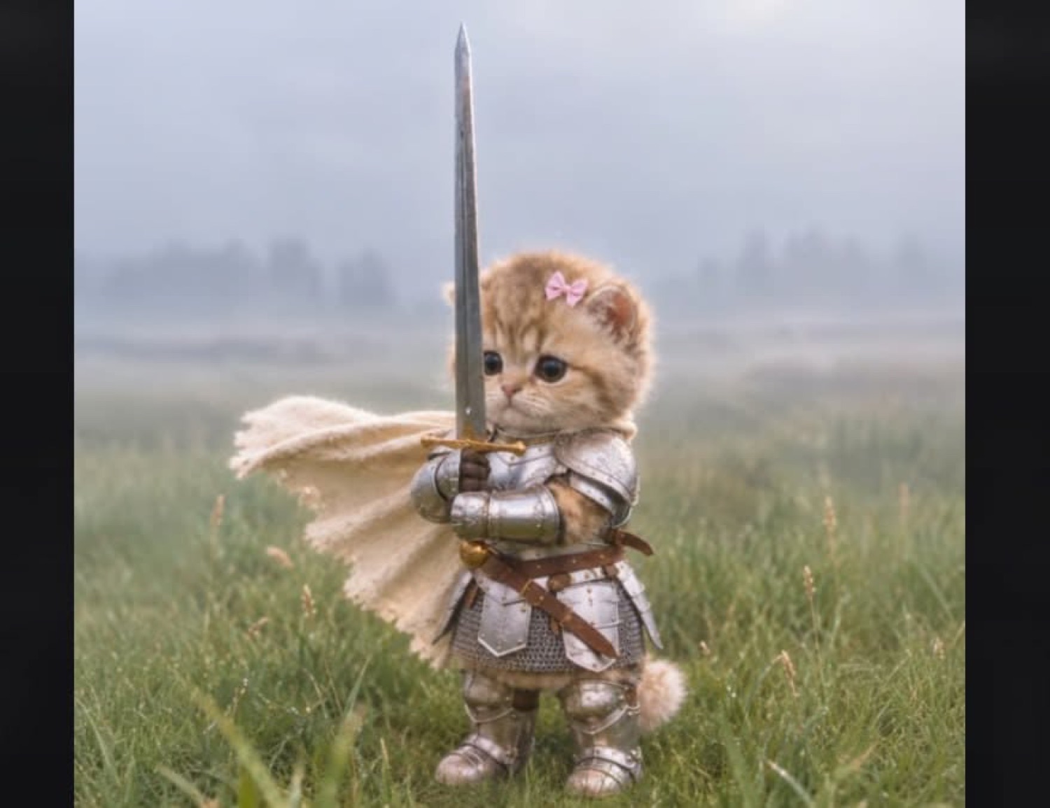 Knight kitten in shining armor and a flowing cape gripping a sword in a misty field, the knight kitten meme
