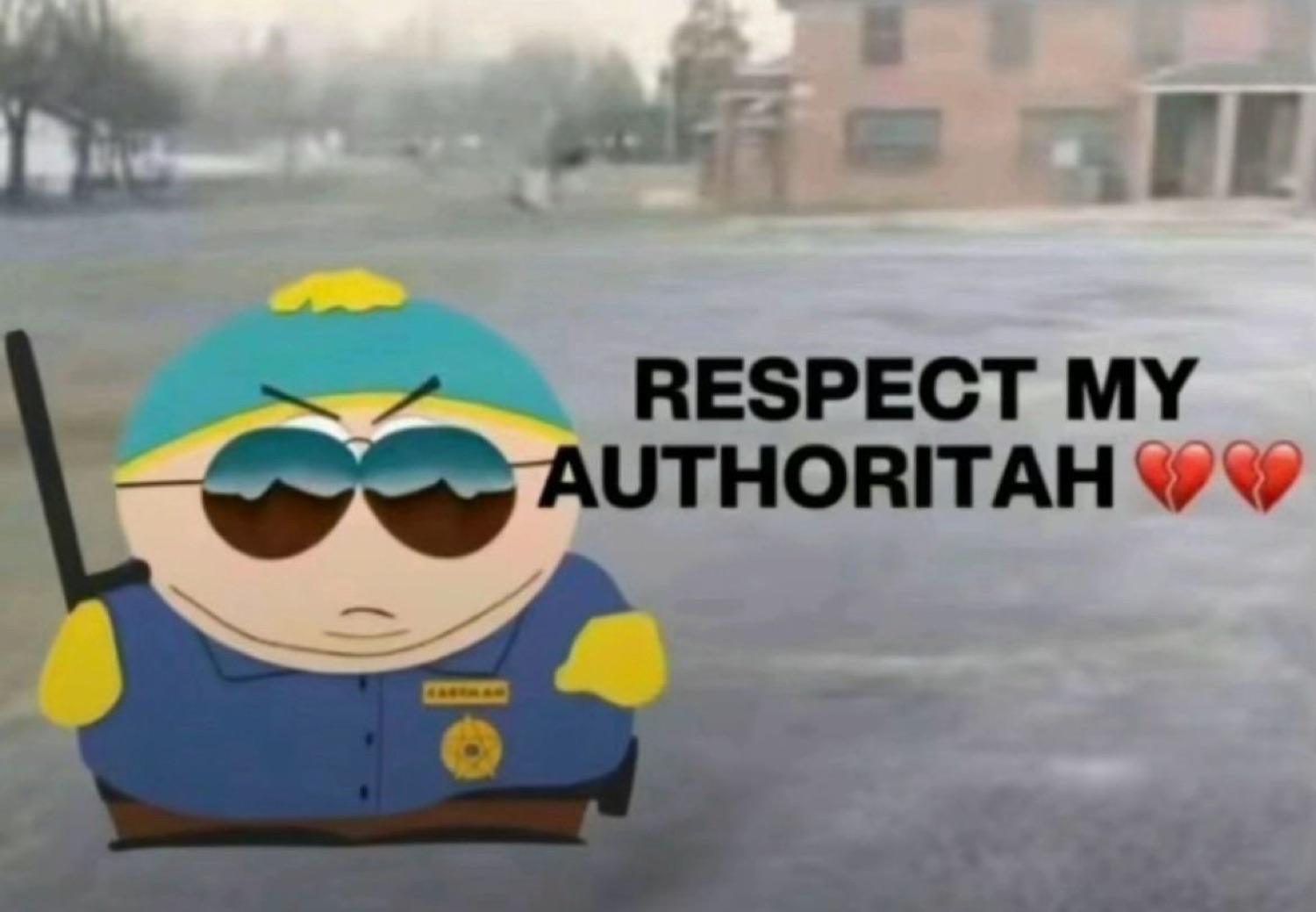 Cartman from South Park in a police uniform and mirrored shades shouting 'RESPECT MY AUTHORITAH'