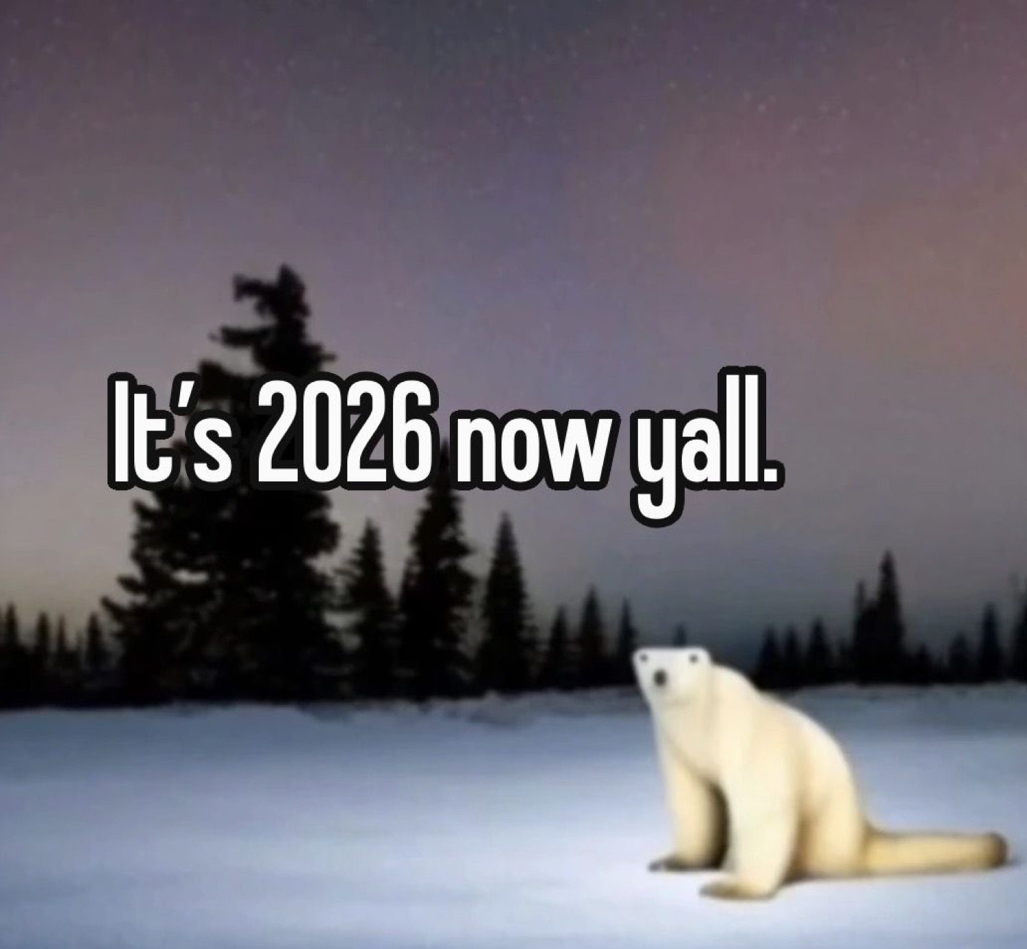 Polar Bear 2026 sitting in snow at dusk under 'It's 2026 now yall.'