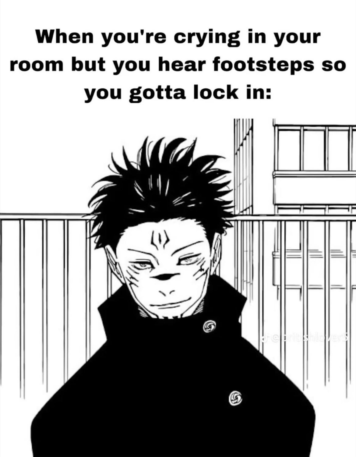 Manga character snapping to a cold, composed face under 'gotta lock in' text