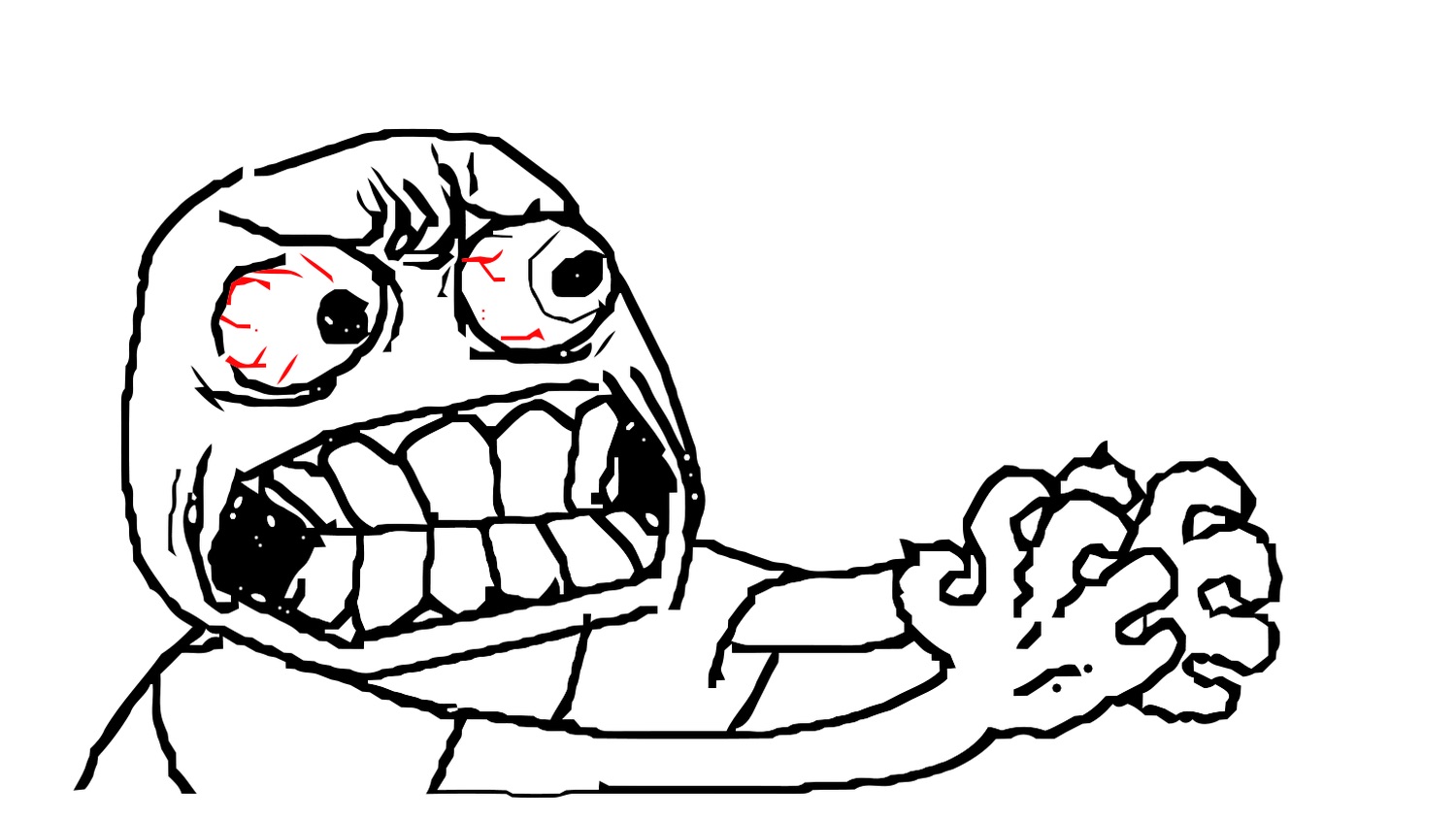 Crude rage-face doodle baring its teeth with bloodshot eyes and clenched fists