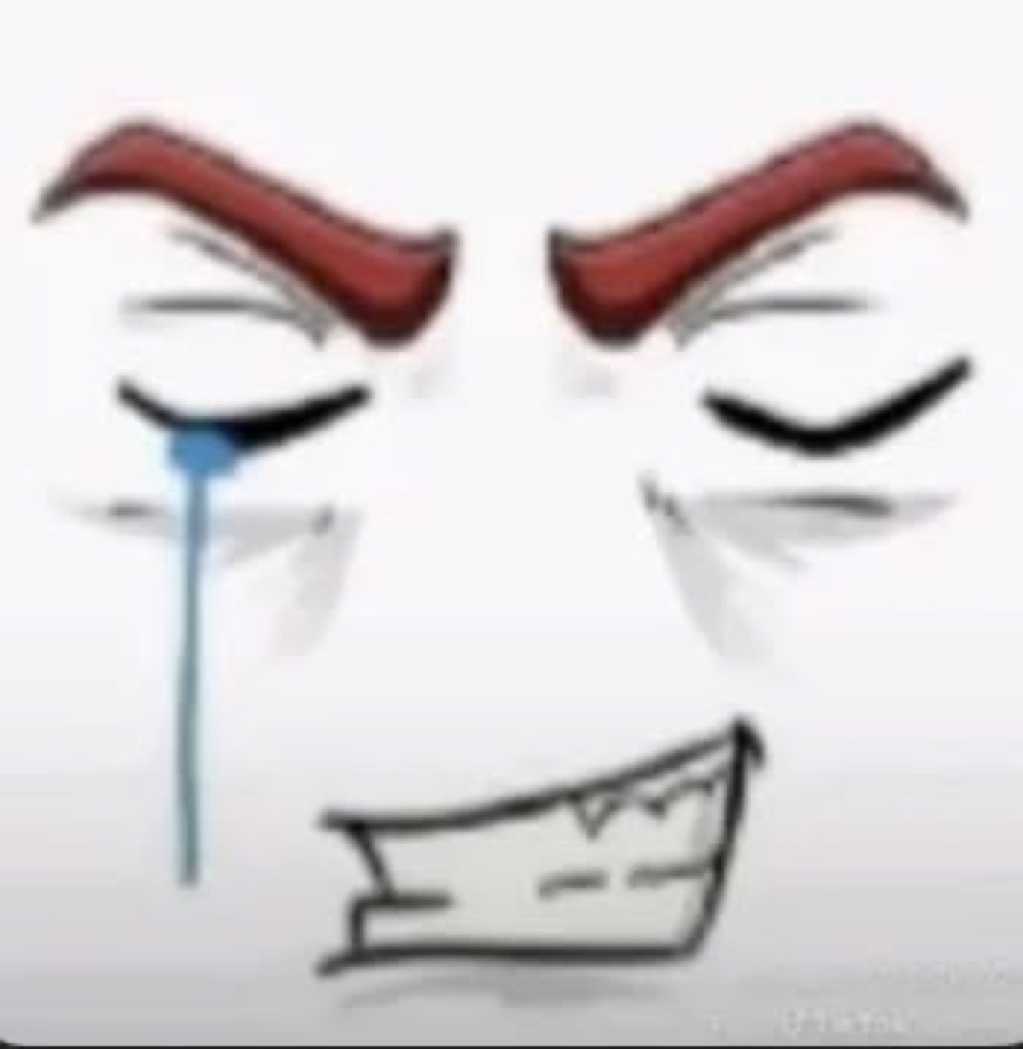 Roblox-style cartoon face crying a single blue tear while wearing an evil smug grin