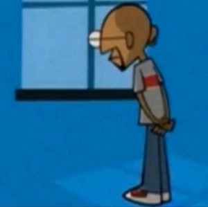 Cartoon guy hunched over head down staring at the floor in total defeat