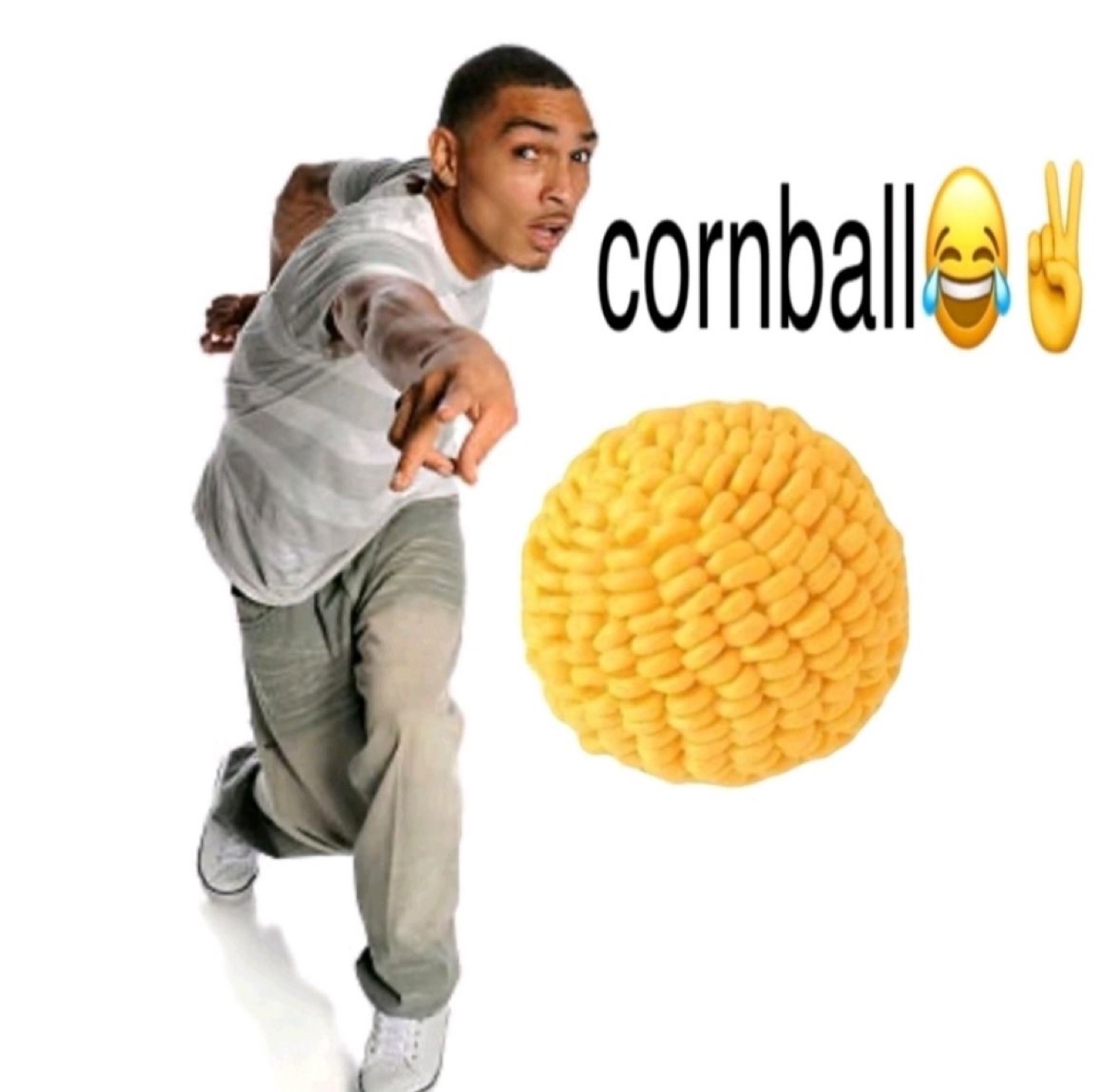 Man pointing at a ball of yarn: 'cornball'